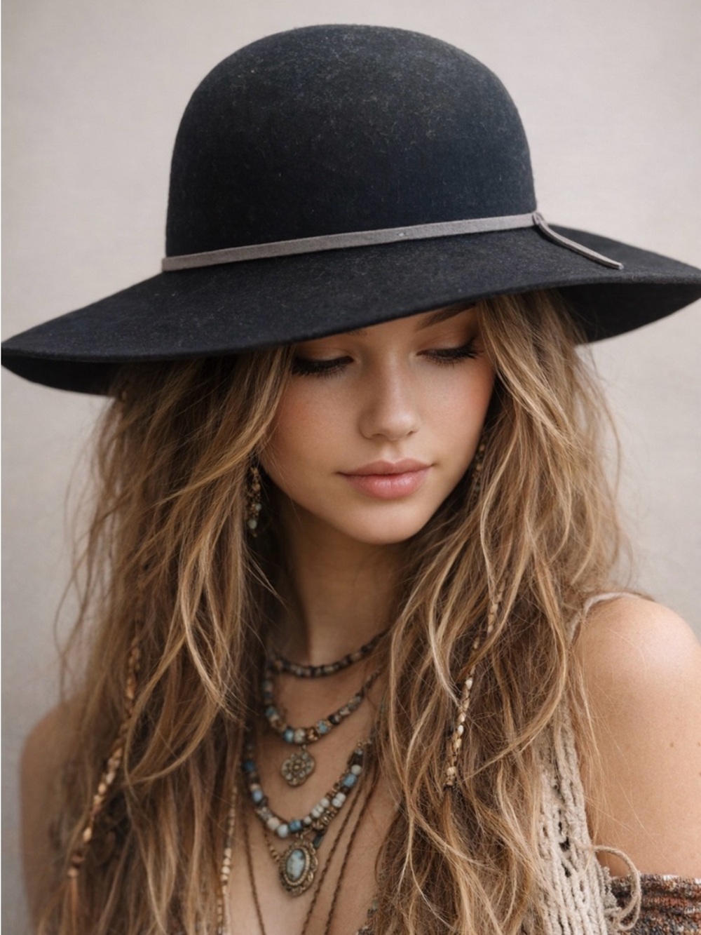 San Diego Hat Company Black Felt Wide Brim Hat Gray Trim NWT
